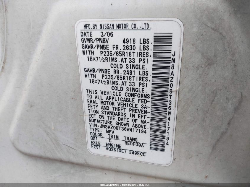 2006 Nissan Murano Sl/Se/S VIN: JN8AZ08T36W417194 Lot: 43424200