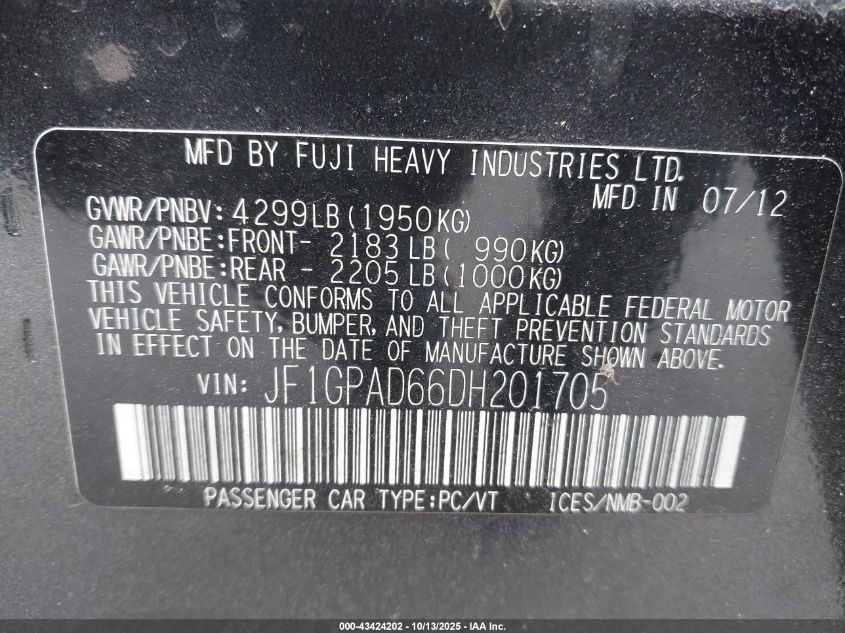 2013 Subaru Impreza 2.0I Premium VIN: JF1GPAD66DH201705 Lot: 43424202