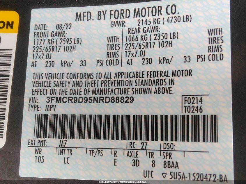 2022 Ford Bronco Sport Badlands VIN: 3FMCR9D95NRD88829 Lot: 43424203