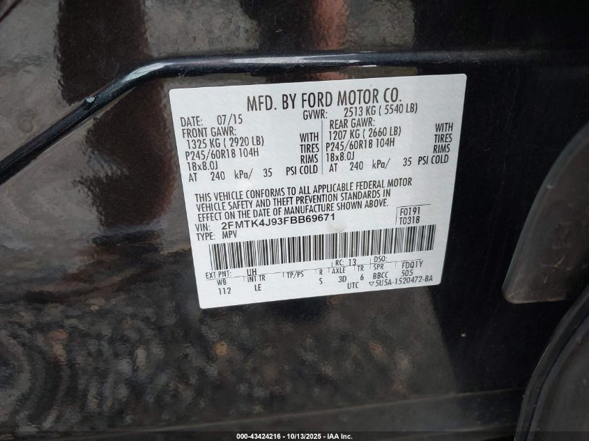 2015 Ford Edge Sel VIN: 2FMTK4J93FBB69671 Lot: 43424216