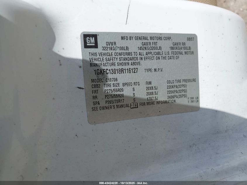 2008 GMC Yukon Slt VIN: 1GKFC13018R116127 Lot: 43424228