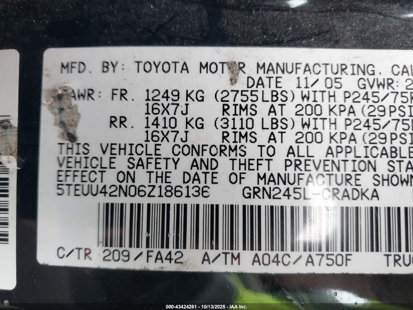 2006 Toyota Tacoma Base V6 VIN: 5TEUU42N06Z186136 Lot: 43424261