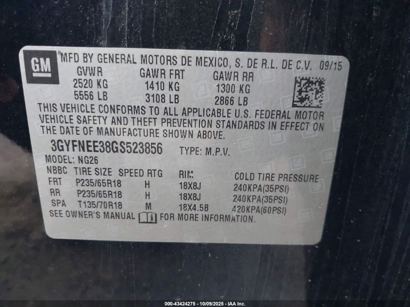 2016 Cadillac Srx Luxury Collection VIN: 3GYFNEE38GS523856 Lot: 43424275