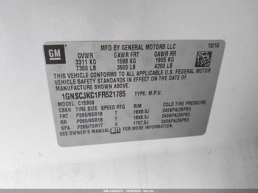 2015 Chevrolet Suburban 1500 Lt VIN: 1GNSCJKC1FR521785 Lot: 43424278