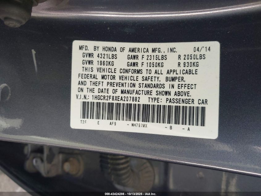 2014 Honda Accord Ex-L VIN: 1HGCR2F8XEA207882 Lot: 43424286