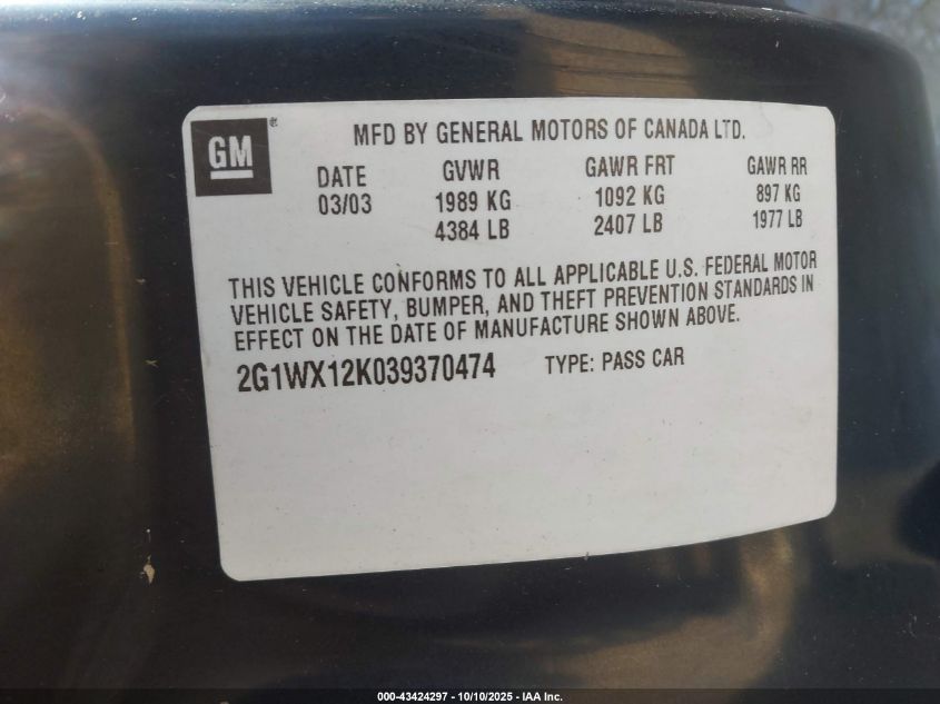 2003 Chevrolet Monte Carlo Ss VIN: 2G1WX12K039370474 Lot: 43424297