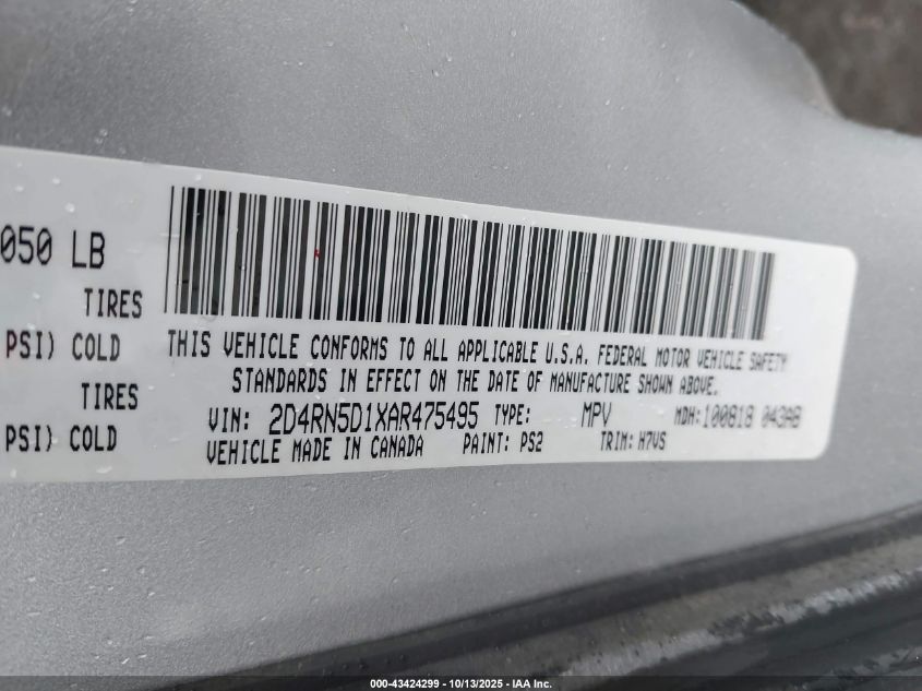 2010 Dodge Grand Caravan Sxt VIN: 2D4RN5D1XAR475495 Lot: 43424299