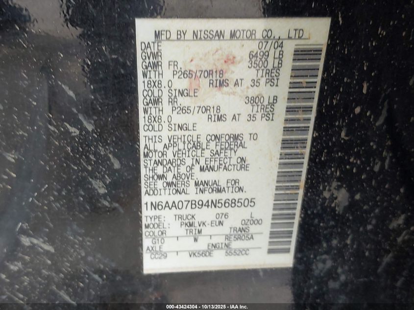 2004 Nissan Titan Le VIN: 1N6AA07B94N568505 Lot: 43424304