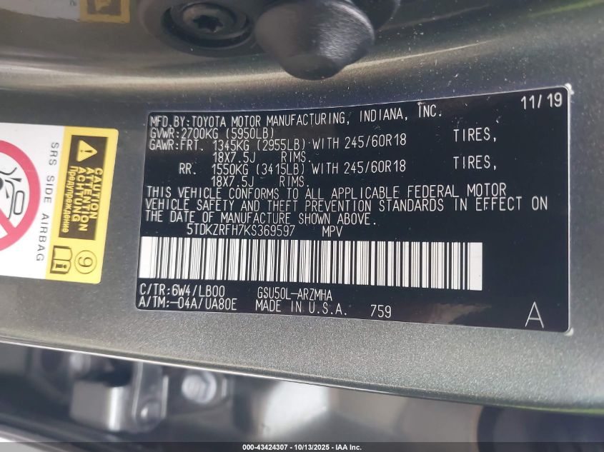 2019 Toyota Highlander Xle VIN: 5TDKZRFH7KS369597 Lot: 43424307