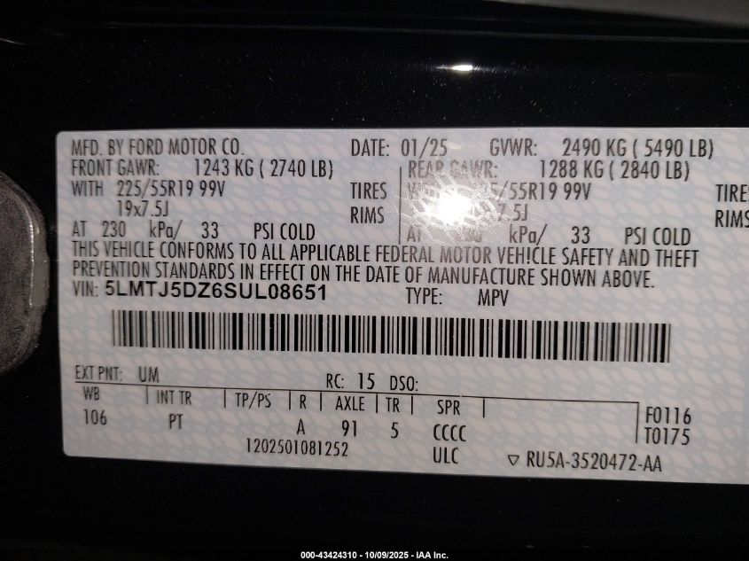 2025 Lincoln Corsair Grand Touring VIN: 5LMTJ5DZ6SUL08651 Lot: 43424310