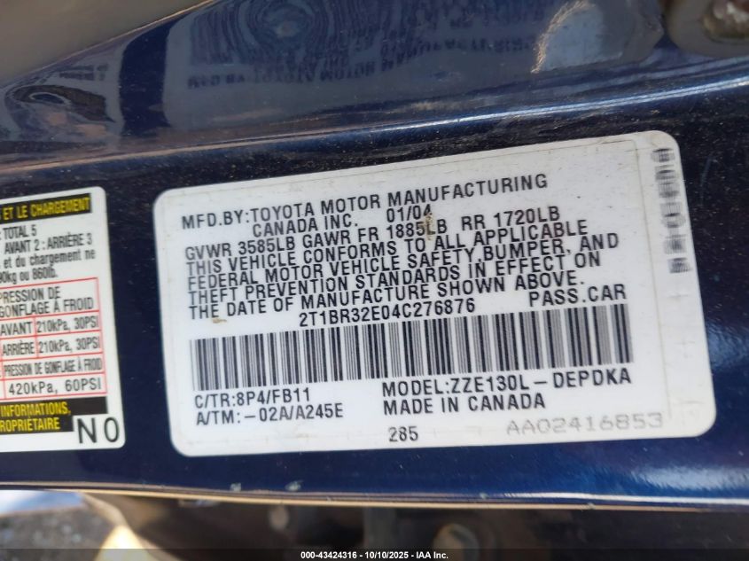 2004 Toyota Corolla Ce VIN: 2T1BR32E04C276876 Lot: 43424316