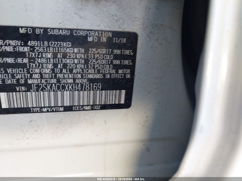 2019 Subaru Forester VIN: JF2SKACCXKH478169 Lot: 43424319