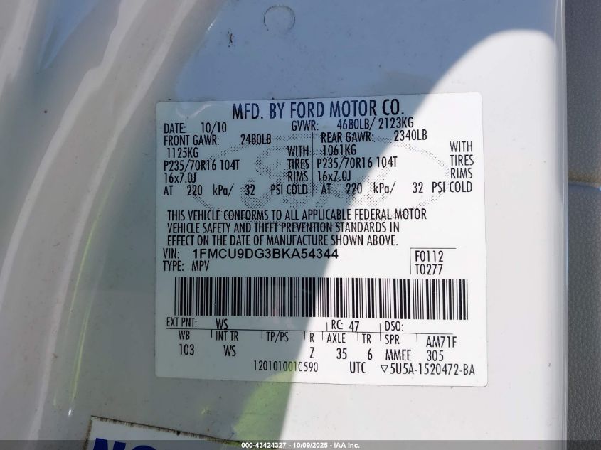 2011 Ford Escape Xlt VIN: 1FMCU9DG3BKA54344 Lot: 43424327