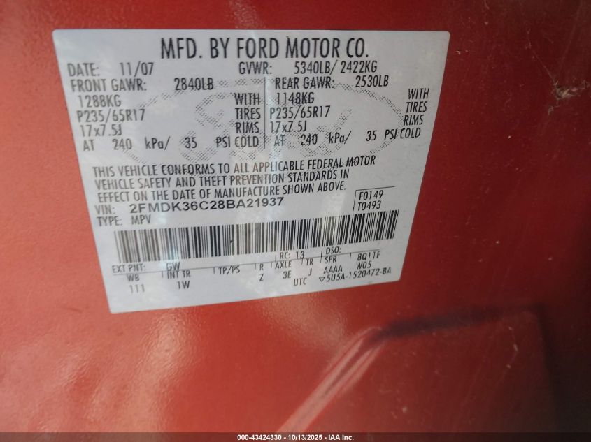 2008 Ford Edge Se VIN: 2FMDK36C28BA21937 Lot: 43424330