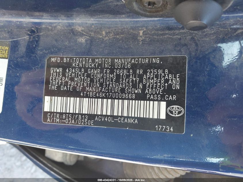 2007 Toyota Camry Ce VIN: 4T1BE46K17U009668 Lot: 43424331