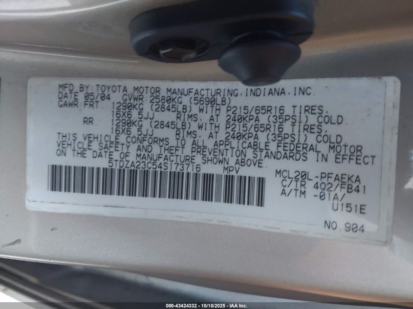 2004 Toyota Sienna Le VIN: 5TDZA23C54S173716 Lot: 43424332
