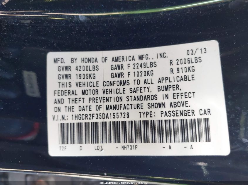 2013 Honda Accord Lx VIN: 1HGCR2F35DA155726 Lot: 43424335
