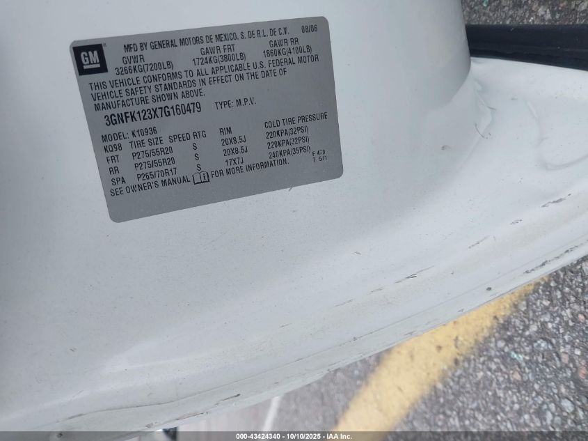 2007 Chevrolet Avalanche 1500 Ltz VIN: 3GNFK123X7G160479 Lot: 43424340