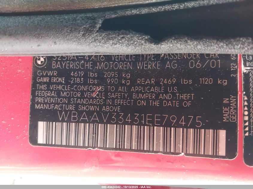 2001 BMW 325I VIN: WBAAV33431EE79475 Lot: 43424342