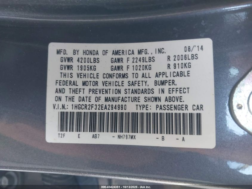 2014 Honda Accord Lx VIN: 1HGCR2F32EA294990 Lot: 43424351