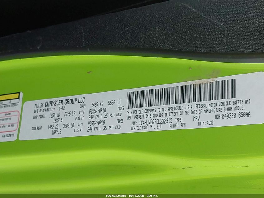 2012 Jeep Wrangler Unlimited Sahara VIN: 1C4HJWEG7CL232915 Lot: 43424354