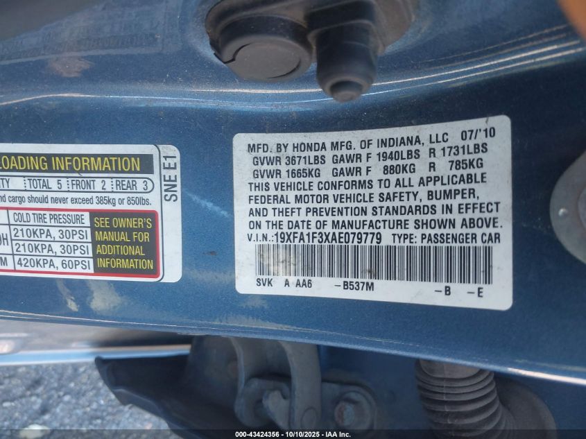 2010 Honda Civic Vp VIN: 19XFA1F3XAE079779 Lot: 43424356