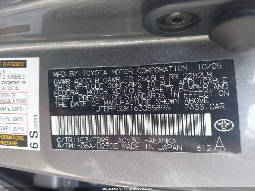 2006 Toyota Camry Le VIN: JTDBE32K163055896 Lot: 43424372