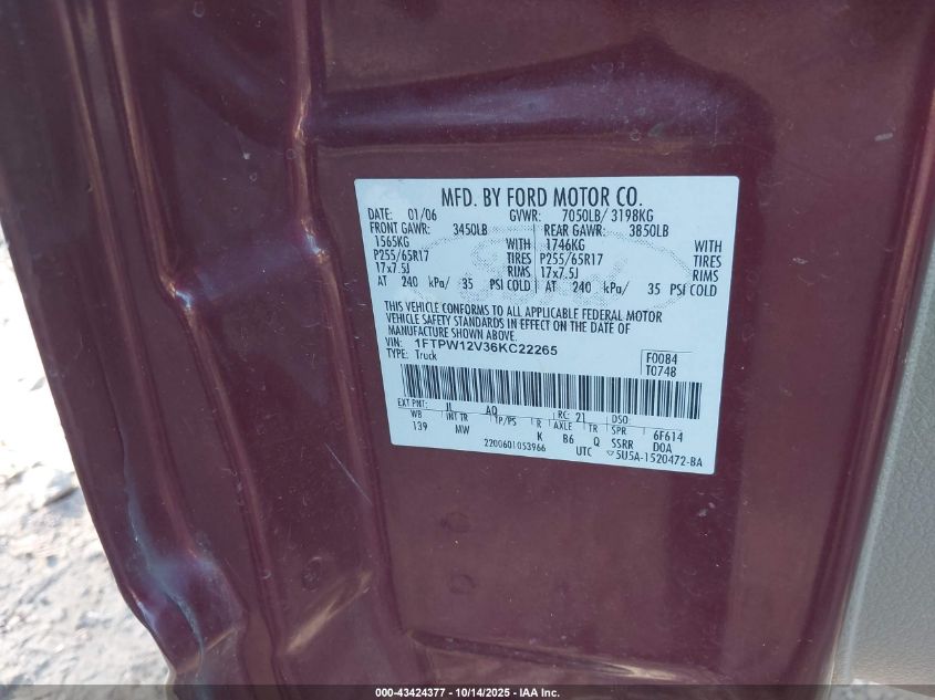 2006 Ford F-150 Lariat/Xlt VIN: 1FTPW12V36KC22265 Lot: 43424377