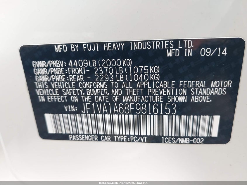 2015 SUBARU WRX JF1VA1A68F9816153