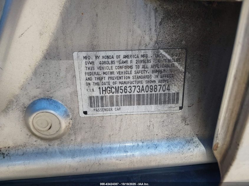 2003 Honda Accord 2.4 Lx VIN: 1HGCM56373A098704 Lot: 43424387
