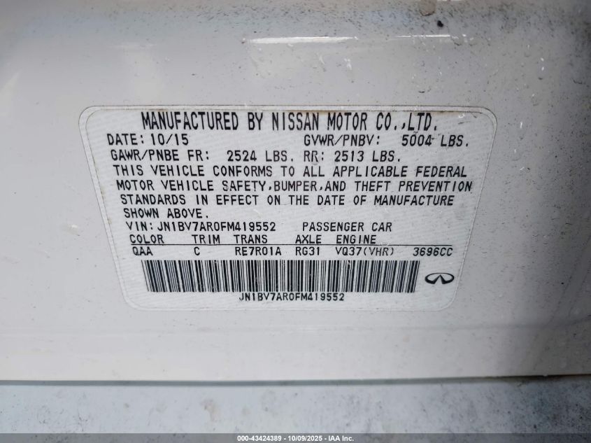 2015 Infiniti Q50 Premium VIN: JN1BV7AR0FM419552 Lot: 43424389