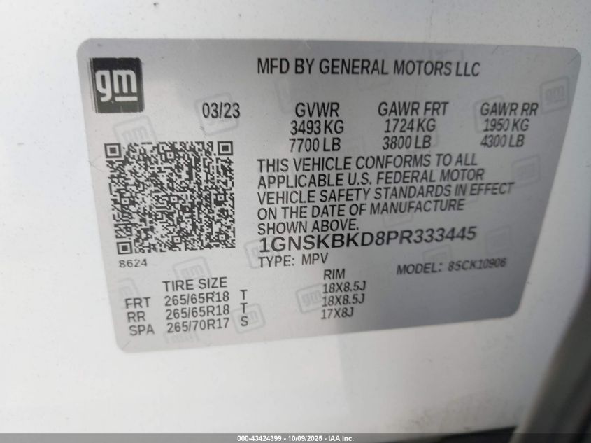 2023 Chevrolet Suburban 4Wd Ls VIN: 1GNSKBKD8PR333445 Lot: 43424399