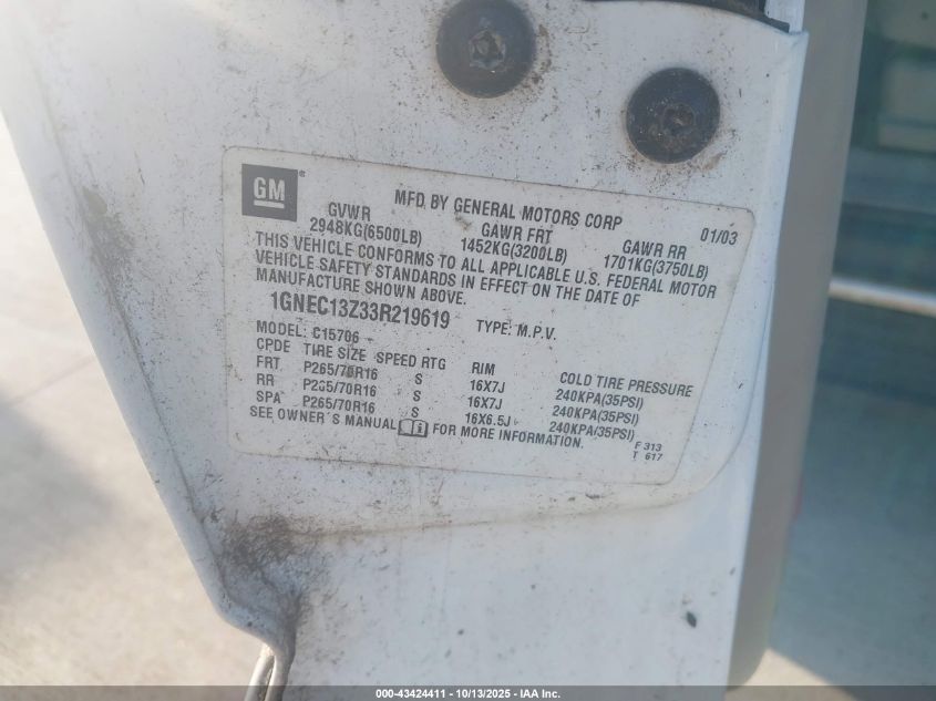 2003 Chevrolet Tahoe Lt VIN: 1GNEC13Z33R219619 Lot: 43424411