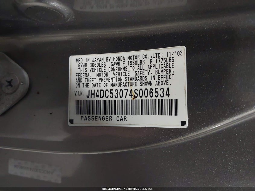 2004 Acura Rsx Type S VIN: JH4DC53074S006534 Lot: 43424423