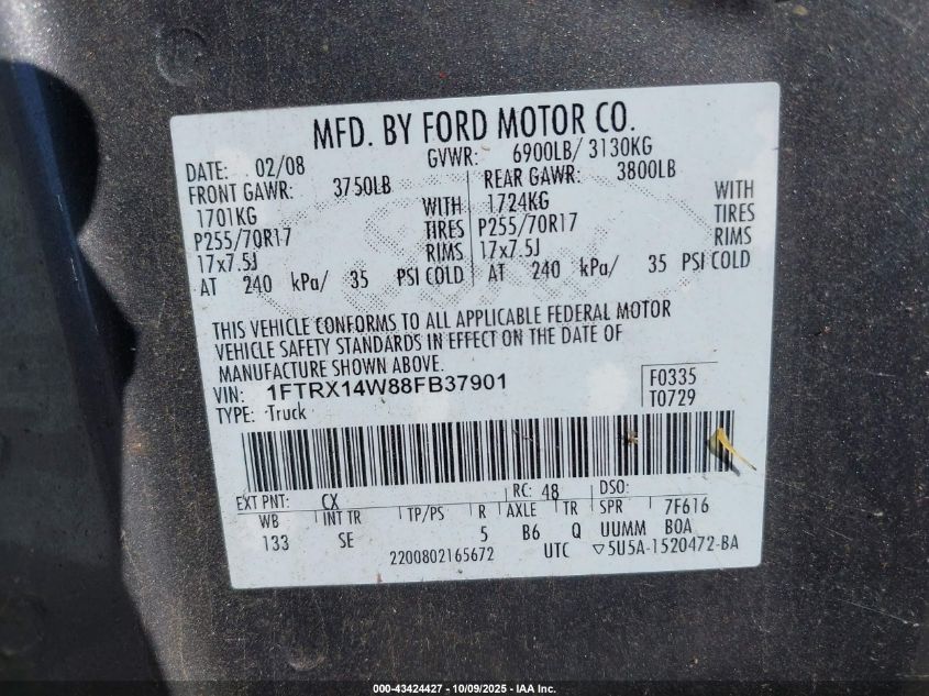 2008 Ford F-150 Stx/Xl/Xlt VIN: 1FTRX14W88FB37901 Lot: 43424427