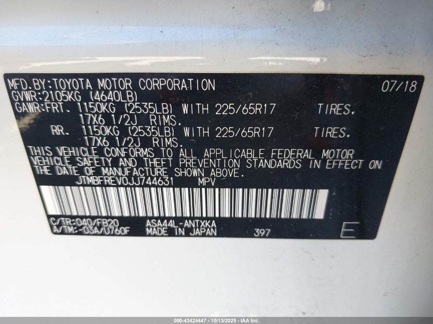 2018 Toyota Rav4 Le VIN: JTMBFREV0JJ744631 Lot: 43424447