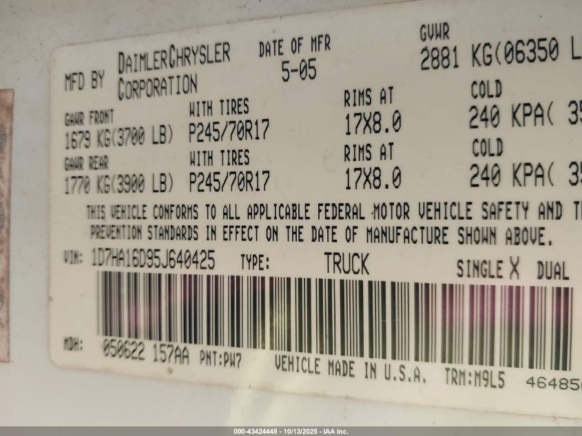 2005 Dodge Ram 1500 Slt/Laramie VIN: 1D7HA16D95J640425 Lot: 43424448