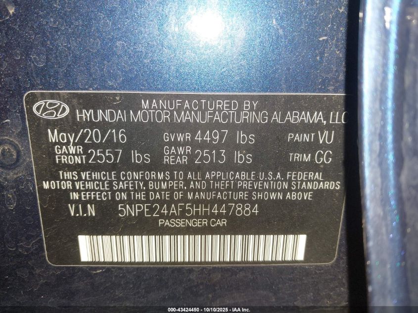 2017 Hyundai Sonata VIN: 5NPE24AF5HH447884 Lot: 43424450