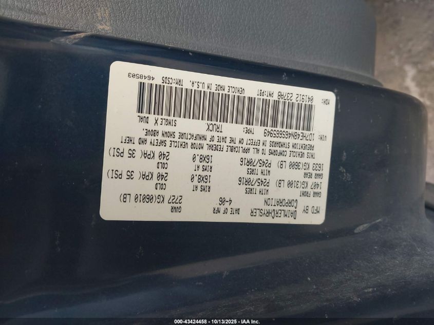 2006 Dodge Dakota Slt VIN: 1D7HE48N46S665949 Lot: 43424458