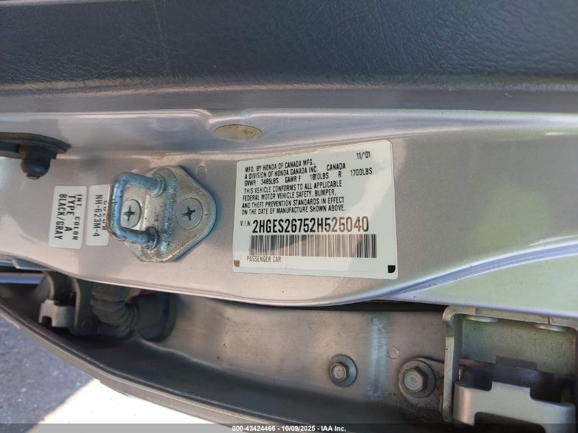 2002 Honda Civic Ex VIN: 2HGES26752H525040 Lot: 43424466