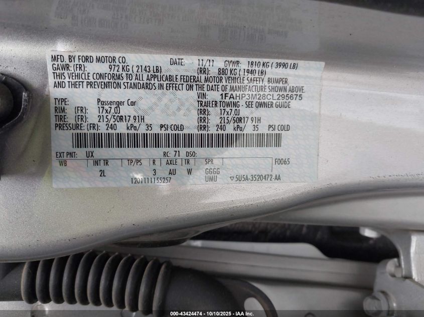 2012 Ford Focus Sel VIN: 1FAHP3M28CL295675 Lot: 43424474