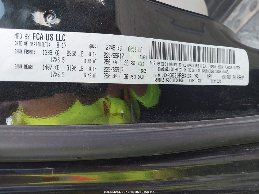 2017 Dodge Grand Caravan Sxt VIN: 2C4RDGCG1HR864134 Lot: 43424479