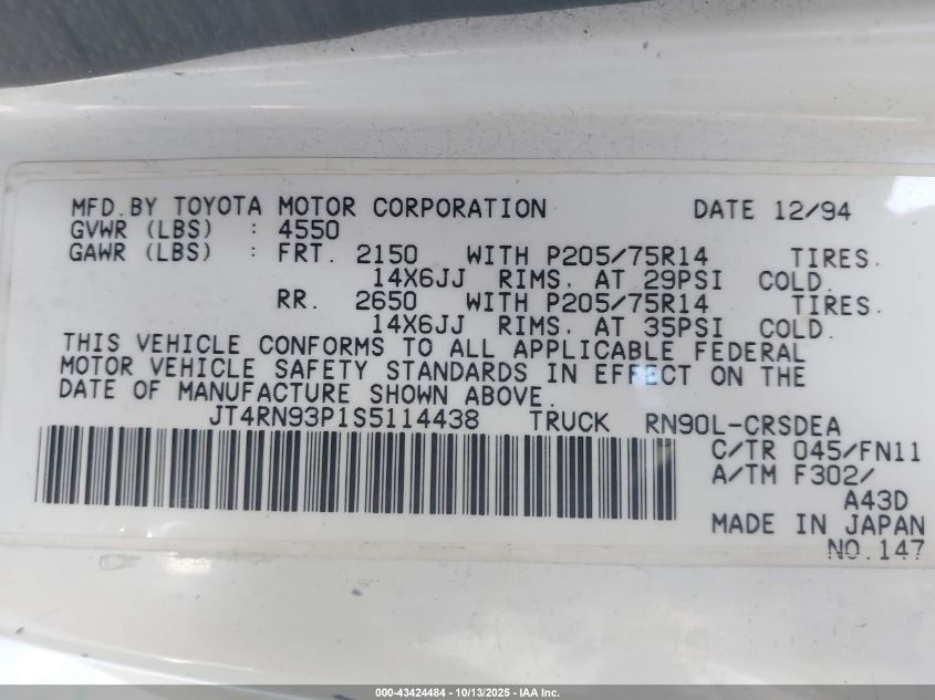 1995 Toyota Pickup 1/2 Ton Ex Lng Whlbase/Dx VIN: JT4RN93P1S5114438 Lot: 43424484