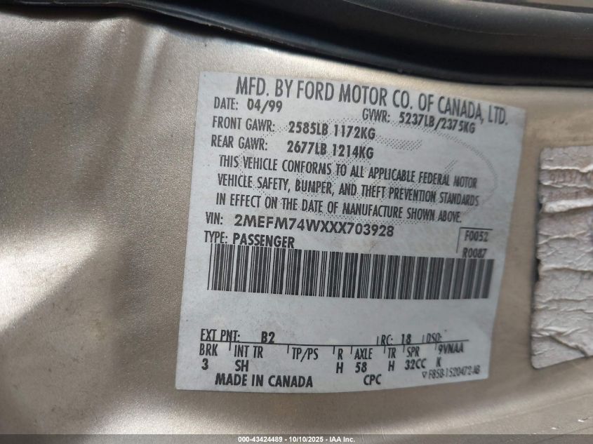 1999 Mercury Grand Marquis Gs VIN: 2MEFM74WXXX703928 Lot: 43424489