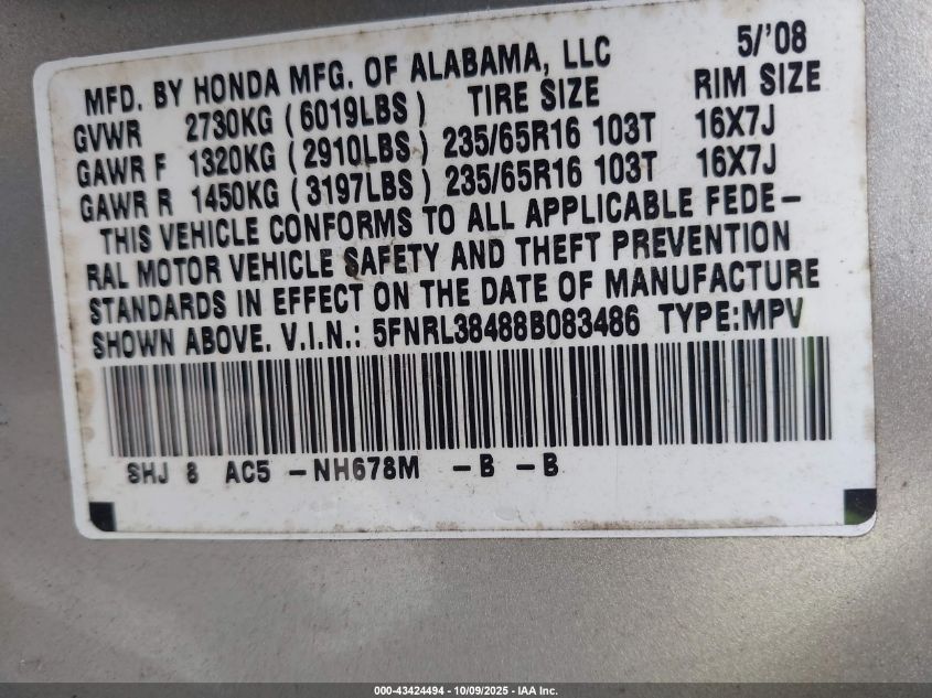 2008 Honda Odyssey Ex VIN: 5FNRL38488B083486 Lot: 43424494