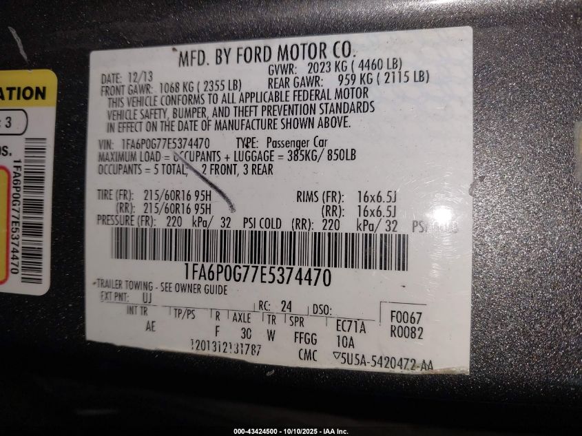 2014 Ford Fusion S VIN: 1FA6P0G77E5374470 Lot: 43424500