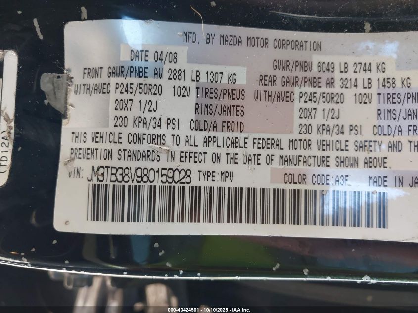 2008 Mazda Cx-9 Grand Touring VIN: JM3TB38V980159028 Lot: 43424501