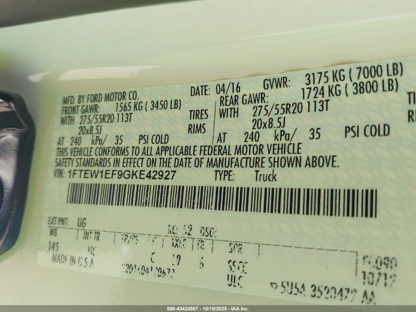2016 Ford F-150 Lariat VIN: 1FTEW1EF9GKE42927 Lot: 43424507