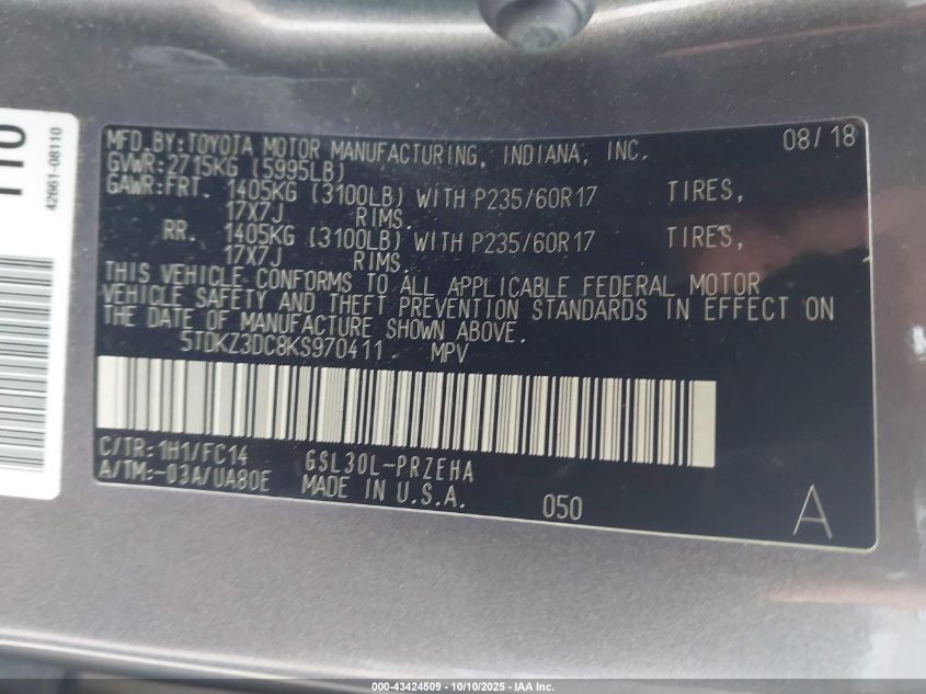 2019 Toyota Sienna Le 8 Passenger VIN: 5TDKZ3DC8KS970411 Lot: 43424509