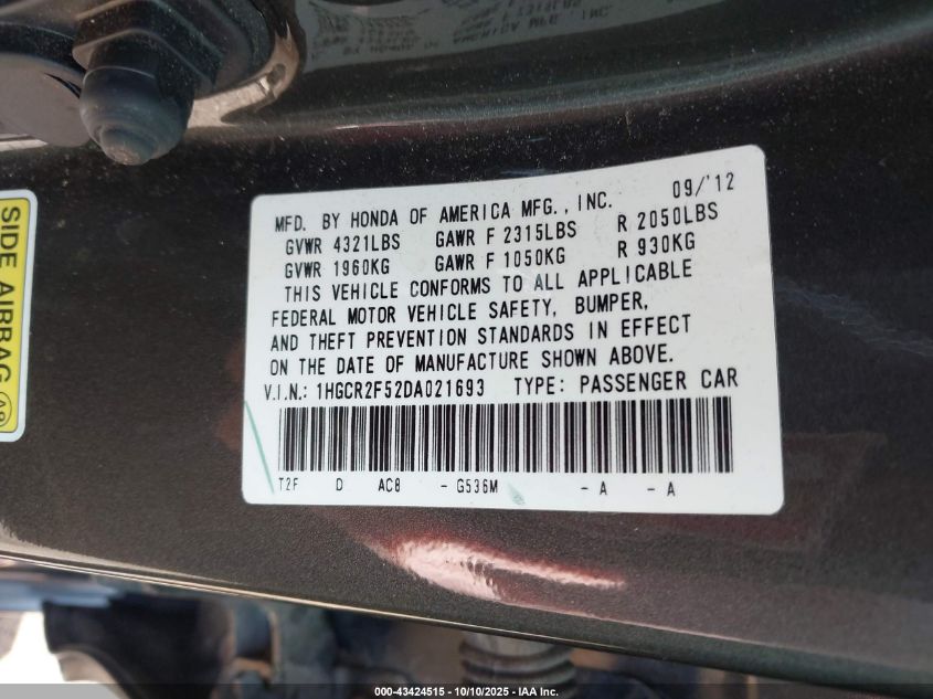 2013 Honda Accord Sport VIN: 1HGCR2F52DA021693 Lot: 43424515